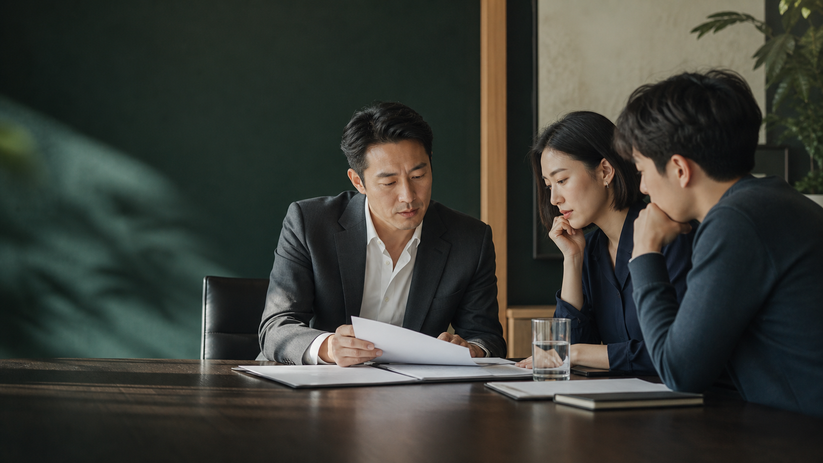 律师与经营团队在会议中审阅文件的演示场景